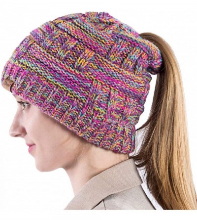 Skullies & Beanies Womens High Messy Bun Beanie Hat with Ponytail Hole- Winter Warm Trendy Knit Ski Skull Cap - Rainbow - CS1...