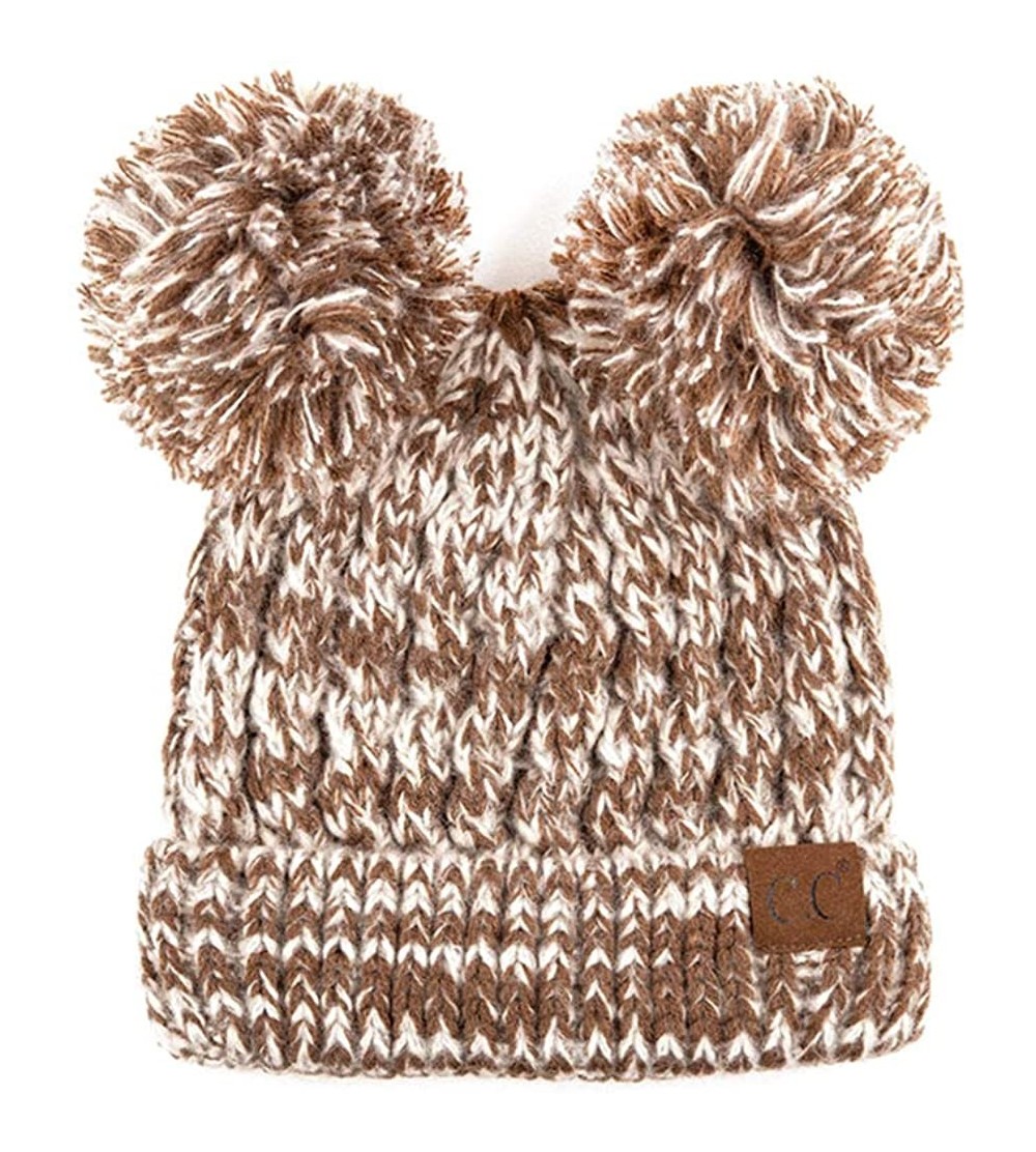 Skullies & Beanies Women Ribbed Knitted Double Pom Pom Beanie Hat - 2 Tone Brown - CE18Y38LDAA $16.05