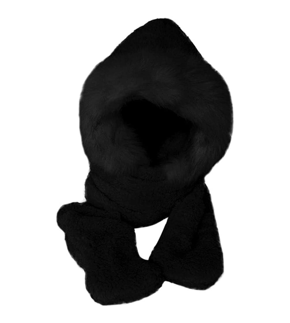 Skullies & Beanies Ladies Faux Fur Winter Warm Fluffy Hood Scarf Hat Snood Pocket Hats Gloves - Black - CE18L9OMG57 $17.80