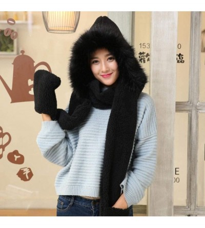 Skullies & Beanies Ladies Faux Fur Winter Warm Fluffy Hood Scarf Hat Snood Pocket Hats Gloves - Black - CE18L9OMG57 $17.80