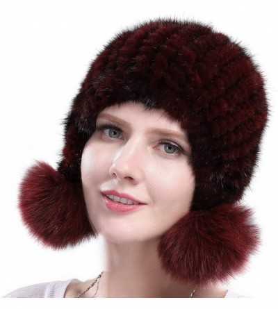 Skullies & Beanies Womens Winter Hat Knitted Mink Fur Hats Fox Pom Pom - Red Wine - CC128QWHZFN $39.52
