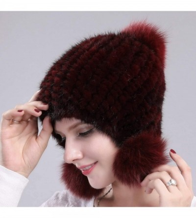 Skullies & Beanies Womens Winter Hat Knitted Mink Fur Hats Fox Pom Pom - Red Wine - CC128QWHZFN $39.52
