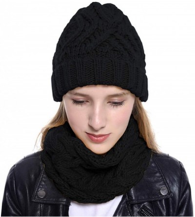 Skullies & Beanies Womens 2-Pieces Winter Beanie Hat Scarf Set Warm Knit Skull Cap Hats & Scarf for Women - Black - CA1920NX5...