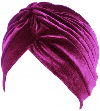 Skullies & Beanies Pleated Stretch Ruffle Women's Velvet Chemo Turban Hat Wrap Cover - Rose Red - CU18NIACLOI $22.02