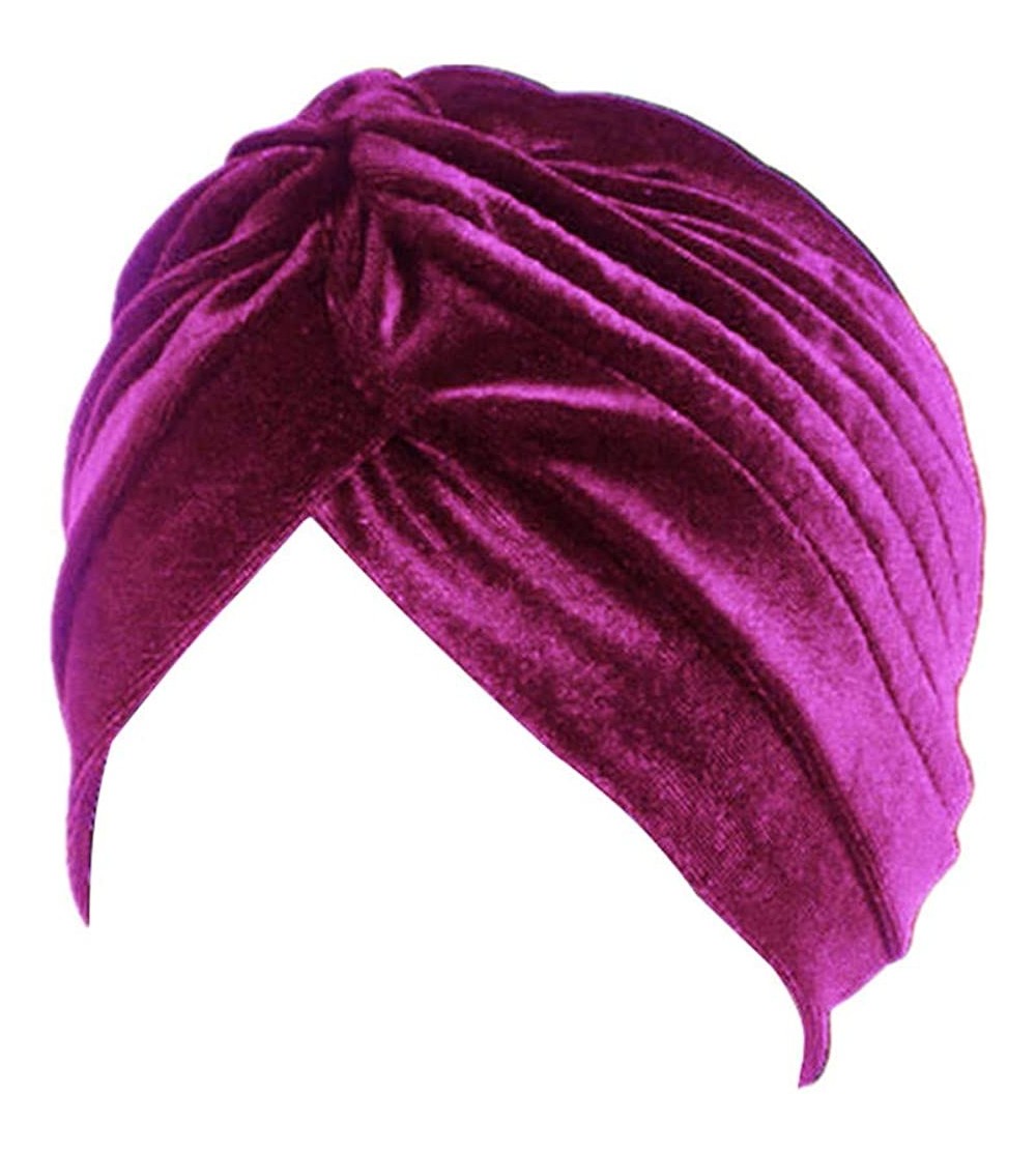 Skullies & Beanies Pleated Stretch Ruffle Women's Velvet Chemo Turban Hat Wrap Cover - Rose Red - CU18NIACLOI $11.69