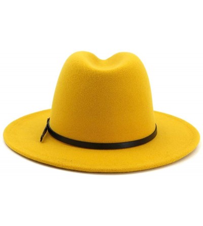 Fedoras Women's Classic Wide Brim Fedora Hat with Belt Buckle Felt Panama Hat - Yellow - CH18QO92ESH $15.44