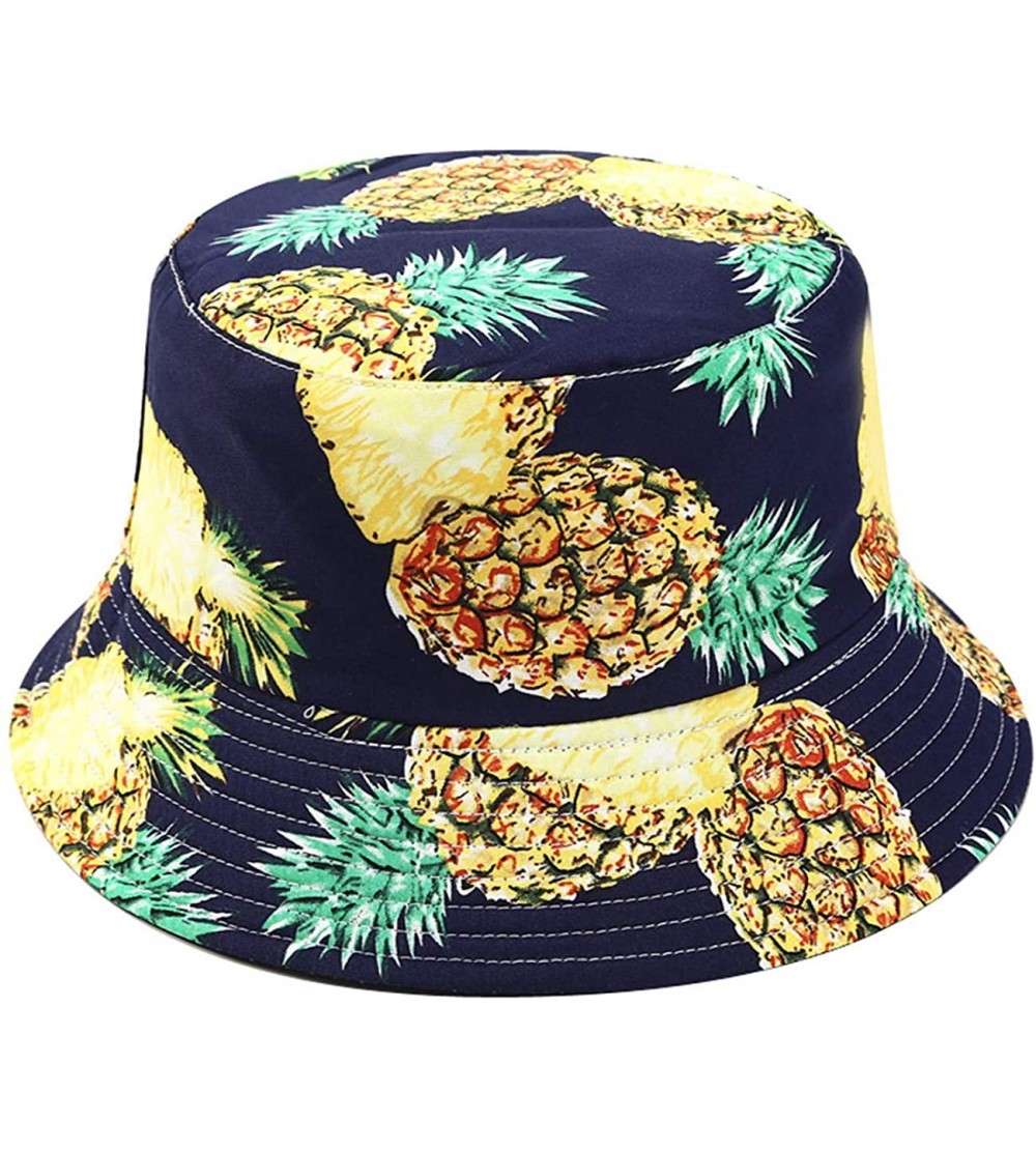 Bucket Hats Unisex Print Double-Side-Wear Reversible Bucket Hat - Pineapple Dark Blue - CI18WAXD98E $11.84