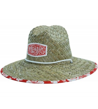 Sun Hats Men's Straw Hat with Fabric Pattern Print Lifeguard Hat- Beach- Gardening- Pool- and Outdoors - Hibiscus Red - CR18A...