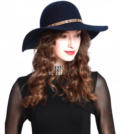 Fedoras Women's Wide Brim 100% Wool Snakeskin Band Floppy Hat - A Navy - CR12MXX3H85 $23.17