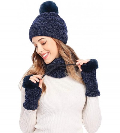 Skullies & Beanies 3 Pieces Knitted Hat Set Winter Thick Warm Knit Hat + Scarf + Touch Screen Gloves - Navy_soft Chenille - C...