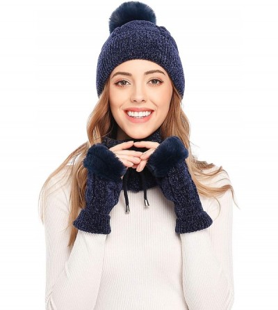 Skullies & Beanies 3 Pieces Knitted Hat Set Winter Thick Warm Knit Hat + Scarf + Touch Screen Gloves - Navy_soft Chenille - C...