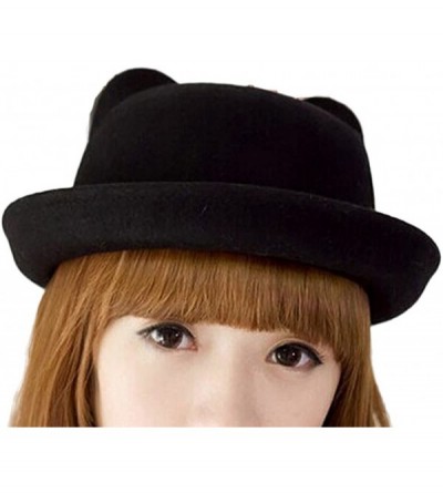 Fedoras Women's Candy Color Wool Rool Up Bowler Derby Cap Cat Ear Hat - Black - CW11NVBQWGX $9.46
