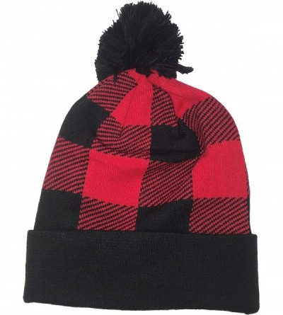 Skullies & Beanies Red Black Buffalo Plaid Flannel Look Cuffed Long Winter Pom Watch Stocking Cap Hat - C118KIML3UI $19.44