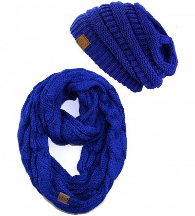 Skullies & Beanies Unisex Soft Stretch Chunky Cable Knit Beanie and Infinity Loop Scarf Set - Royal - CD18KXHD52H $22.78