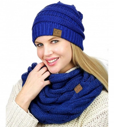 Skullies & Beanies Unisex Soft Stretch Chunky Cable Knit Beanie and Infinity Loop Scarf Set - Royal - CD18KXHD52H $22.78