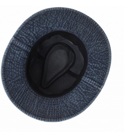 Fedoras Denim Fedora Hat Plain Stitch Washed Short Wide Brim Panama Hat KR61009 - Blue - C518E5CL7YM $30.20