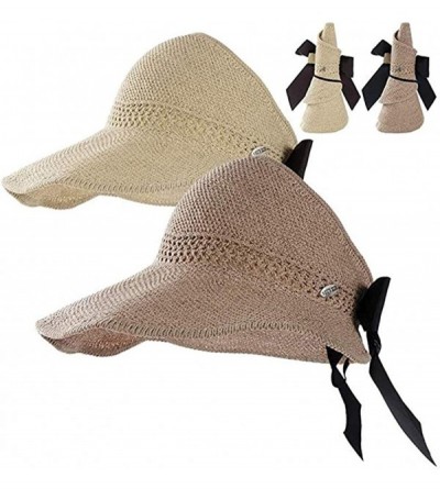 Sun Hats Summer Straw Beach Sun Visor Ponytail Hats for Women Foldable Floppy - Bk-khiki/Beige - C2194TEKC7N $17.39