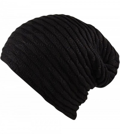 Skullies & Beanies Premium Unisex Slouch Beanie Ribbed Knit Winter Hat Warm Thick Faux Fur Fleece Lining - Style 4 - Black - ...
