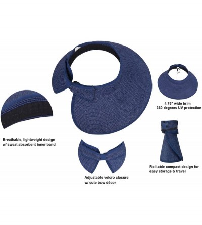Visors Spring/Summer Classics Edition Straw Roll-able Sun Visor Hat - Dark Blue - CG18DMTH6CE $16.37