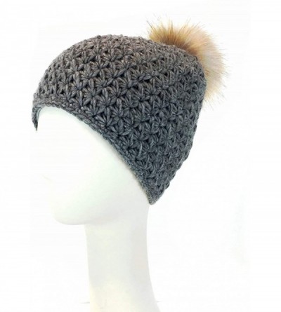 Skullies & Beanies Handmade Starfish Knit Hat with Faux Fur Pom - Winter Ski Cap - Grey - CE18LQOR0AR $37.61