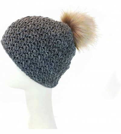 Skullies & Beanies Handmade Starfish Knit Hat with Faux Fur Pom - Winter Ski Cap - Grey - CE18LQOR0AR $37.61