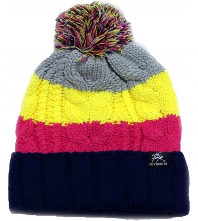 Skullies & Beanies Bold Stripe Pom Pom Knit Hat - Navy/Fuschia - CS11OREN7VB $15.69
