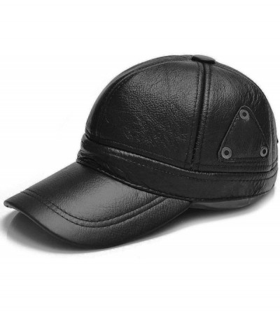 Baseball Caps Men Cowhide hat Winter Warm Outdoor Protect Ear Real Leather Adjustable Baseball Cap - Rivet Style Black - CH18...