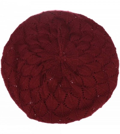 Berets Chic Soft Knit Airy Cutout Lightweight Slouchy Crochet Beret Beanie Hat - 2 Pack-red Wine & Black - CI18AQ0GCQ9 $20.49