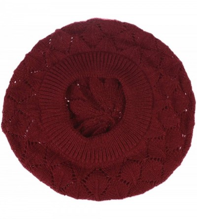 Berets Chic Soft Knit Airy Cutout Lightweight Slouchy Crochet Beret Beanie Hat - 2 Pack-red Wine & Black - CI18AQ0GCQ9 $20.49