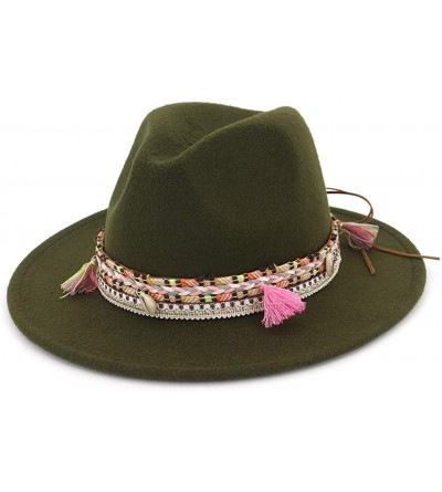 Fedoras Women's Felt Fedora Hat Wide Brim Panama Hats with Tassel - Army Green - C118TRN3E6I $12.75