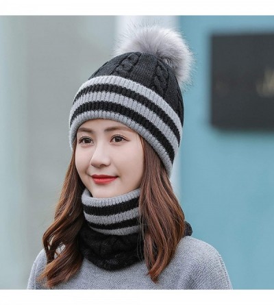 Skullies & Beanies 2 Pcs Beanie Hat Scarf Set for Women Winter Warm Fleece Lined Knitted Hat Earflap Ski Hat with Pompom - Bl...