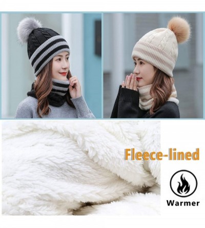 Skullies & Beanies 2 Pcs Beanie Hat Scarf Set for Women Winter Warm Fleece Lined Knitted Hat Earflap Ski Hat with Pompom - Bl...