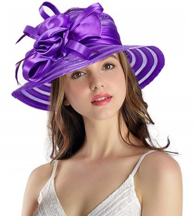 Bucket Hats Women's Big Floral Fascinators Kentucky Derby Church Floppy Wide Brim Cloche Bowler Bucket Hat - Purple - C917YRW...