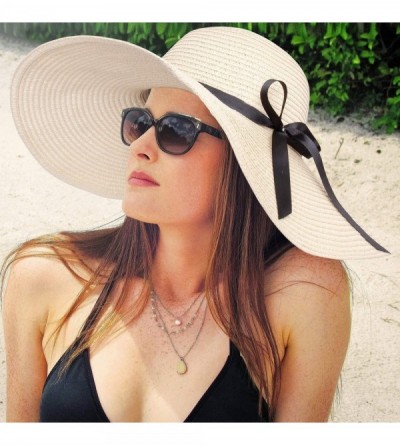 Sun Hats Womens Straw Hat Wide Brim Floppy Beach Cap Adjustable Sun Hat for Women UPF 50+ - Beige - CE18TYUQDKX $8.84