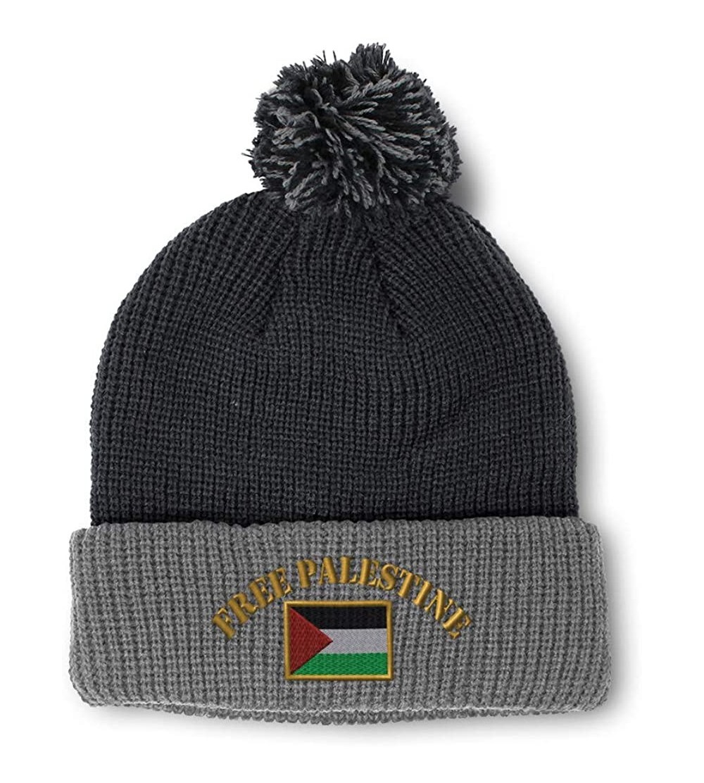 Skullies & Beanies Winter Pom Pom Beanie for Men & Women Free Palestine Flag Embroidery 1 Size - Black Grey - CB12ESKRB3X $10.91
