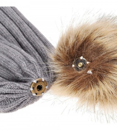 Skullies & Beanies Women's Winter Warm Ribbed Knit Cuff Beanies Hat Faux Fur Pom Pom Skullies caps - Gray- With Black Cuff - ...