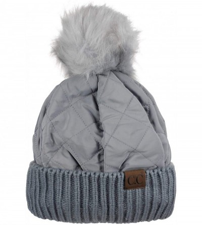 Skullies & Beanies Soft Quilted Puffer Detachable Faux Fur Pom Inner Lined Cuff Beanie Hat - Gray - CD18KAKUSUN $36.42