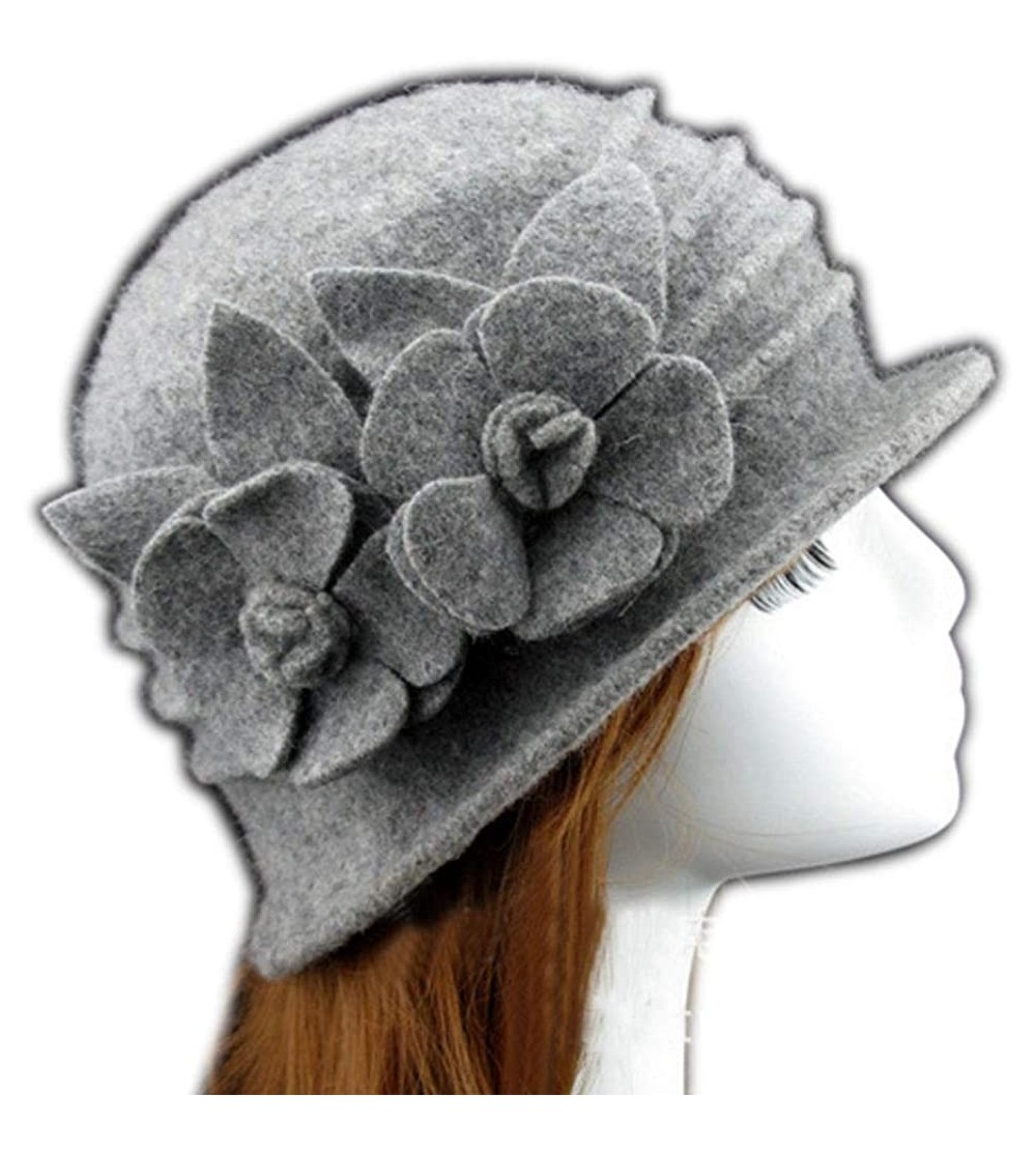 Bucket Hats Flower 100% Wool Dome Bucket Hat Winter Cloche Hat Fedoras Derby Hat - B-light Gray - CY18HDZT3TQ $10.32