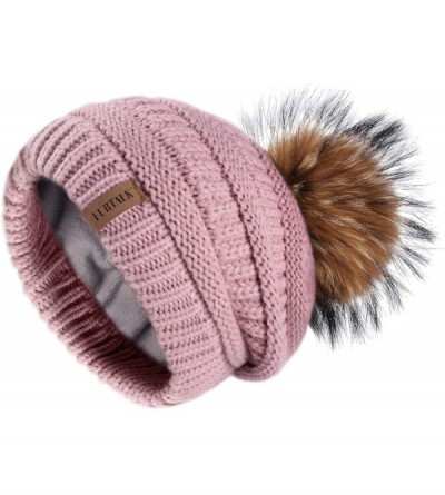 Skullies & Beanies Winter Hats Beanie for Women Lined Slouchy Knit Skiing Cap Real Fur Pom Pom Hat for Girls - CT18KHMQGN4 $2...