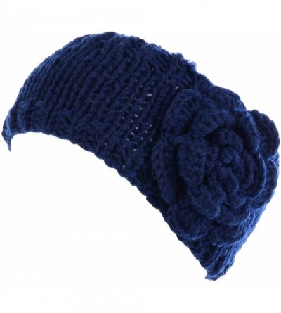 Cold Weather Headbands Womens Winter Chic Turban Bowknot/Floral Crochet Knit Headband Ear Warmer - Knit Floral Navy Blue - CA...
