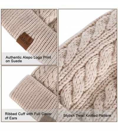 Skullies & Beanies Womens Winter Beanie Hat- Warm Fleece Lined Knitted Soft Ski Cuff Cap with Pom Pom - Black+burgundy - CM18...