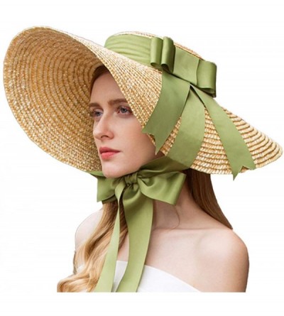 Sun Hats British Vintage Style Straw Sun Hat Wide Brim Kentucky Derby Travel Beach Cap Ribbon Bow - Green - C718N83XH48 $44.99