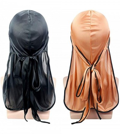 Skullies & Beanies Satin Silk Head Wrap Durag Long Tail Beanies for Men Headwraps Cap - 2pcs Black&gold - CK18HCUMHRZ $11.90