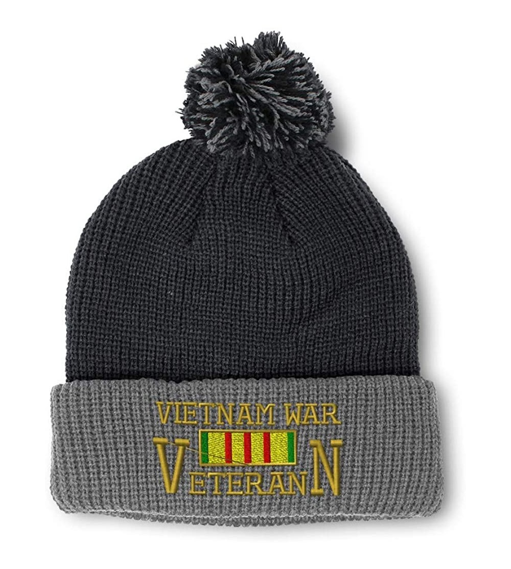 Skullies & Beanies Winter Pom Pom Beanie Men & Women Vietnam Veteran War A Embroidery Skull Cap Hat - Black Grey - CD18A0EAAG...