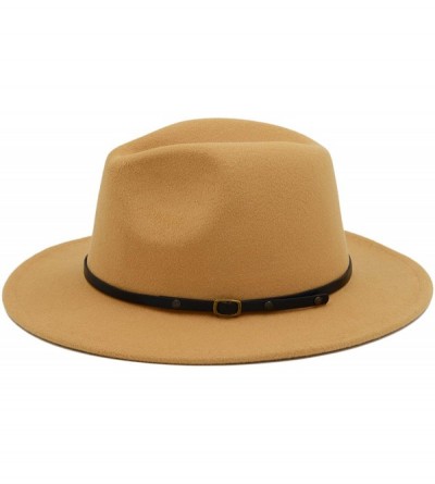 Fedoras Women Men Vintage Wide Brim Belt Buckle Panama Felt Fedora Hat - Camel - CB18Z0K0T5E $14.73
