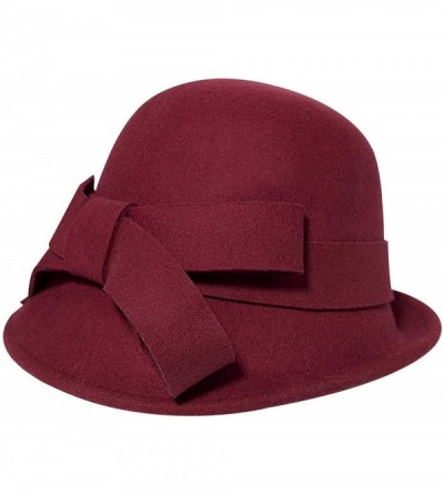 Bucket Hats Women Solid Color Winter Hat 100% Wool Cloche Bucket with Bow Accent - Dark Red - CU12937YWT7 $22.05