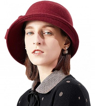 Bucket Hats Women Solid Color Winter Hat 100% Wool Cloche Bucket with Bow Accent - Dark Red - CU12937YWT7 $22.05