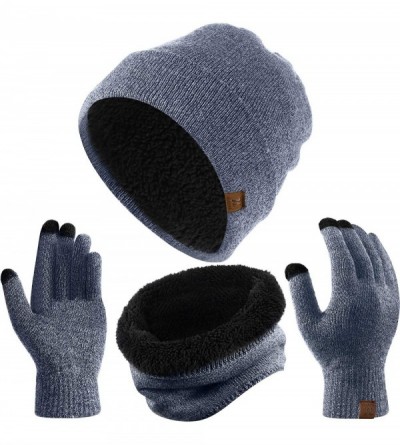 Skullies & Beanies Winter Beanie Hat Scarf Touch Screen Gloves- 3-Piece Winter Warm Clothing Set - Light Navy Blue - C6192SY2...