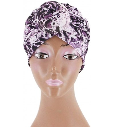 Sun Hats Shiny Metallic Turban Cap Indian Pleated Headwrap Swami Hat Chemo Cap for Women - Purple Leopard - C418Z2O404E $8.89
