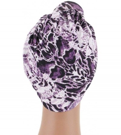 Sun Hats Shiny Metallic Turban Cap Indian Pleated Headwrap Swami Hat Chemo Cap for Women - Purple Leopard - C418Z2O404E $8.89